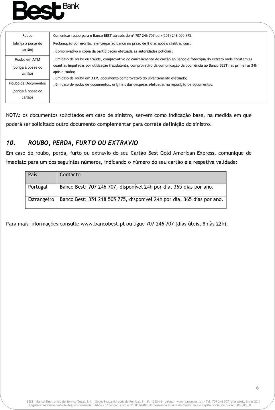 ocorrência ao Banco BEST nas primeiras 24h após o roubo;. Em caso de roubo em ATM, documento comprovativo do levantamento efetuado;.