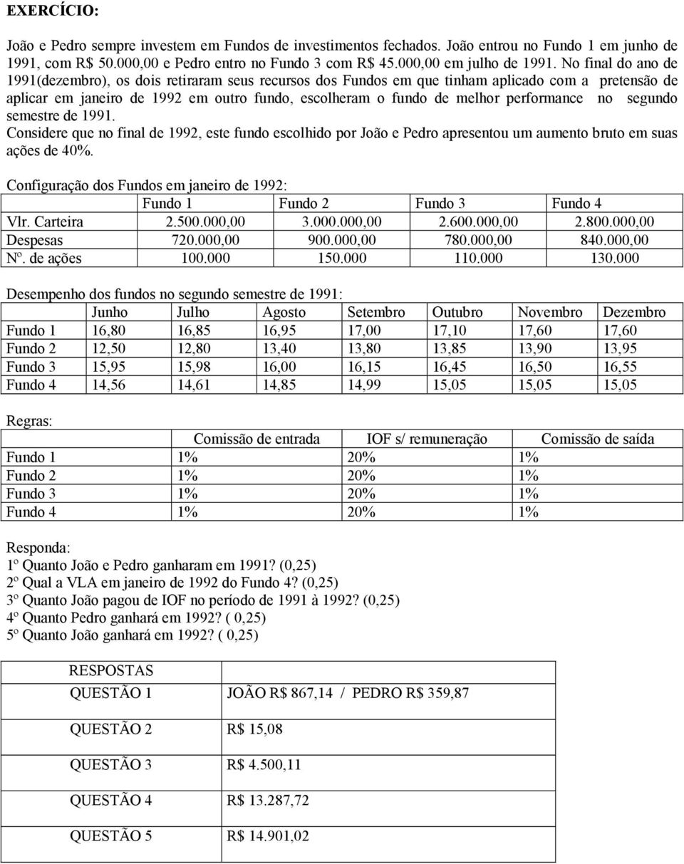 performance no segundo semestre de 1991. Considere que no final de 1992, este fundo escolhido por João e Pedro apresentou um aumento bruto em suas ações de 40%.