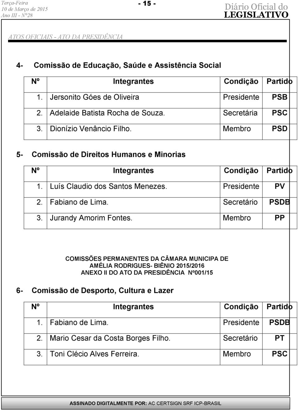 Presidente PV 2. Fabiano de Lima. Secretário PSDB 3. Jurandy Amorim Fontes.