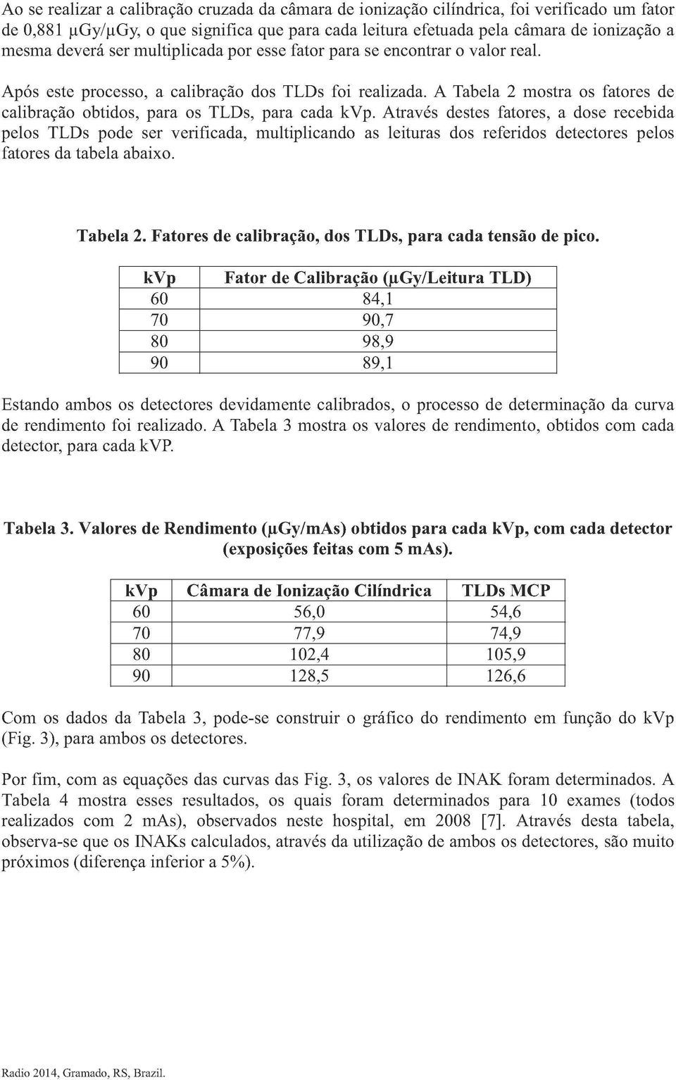 Através destes fatores, a dose recebida pelos TLDs pode ser verificada, multiplicando as leituras dos referidos detectores pelos fatores da tabela abaixo. Tabela 2.