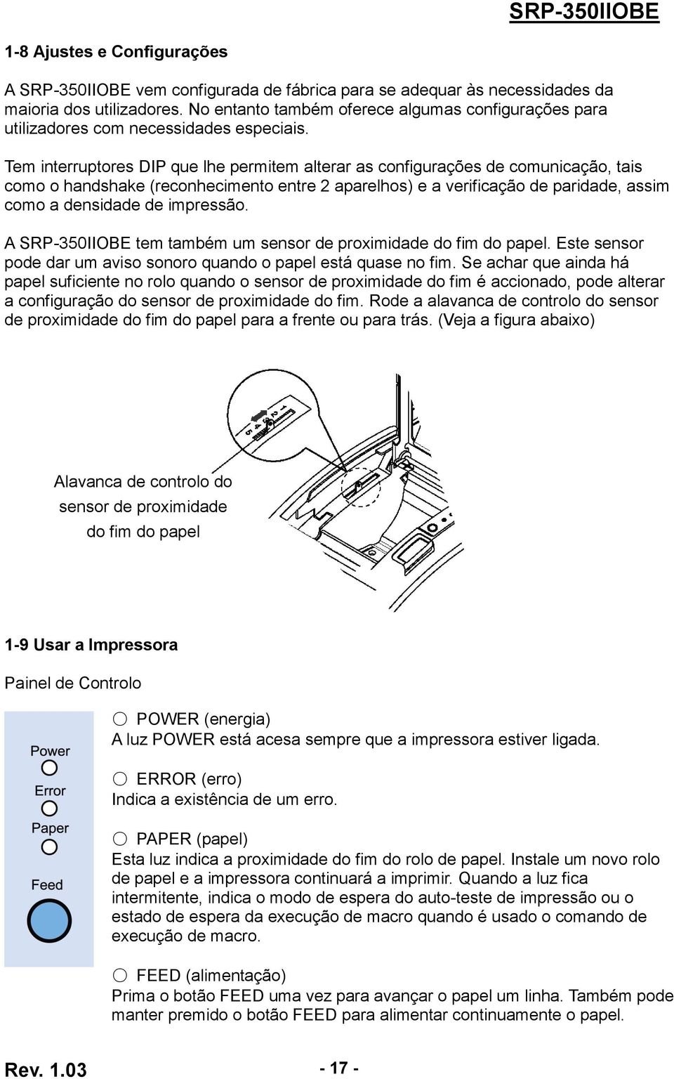 Tem interruptores DIP que lhe permitem alterar as configurações de comunicação, tais como o handshake (reconhecimento entre 2 aparelhos) e a verificação de paridade, assim como a densidade de