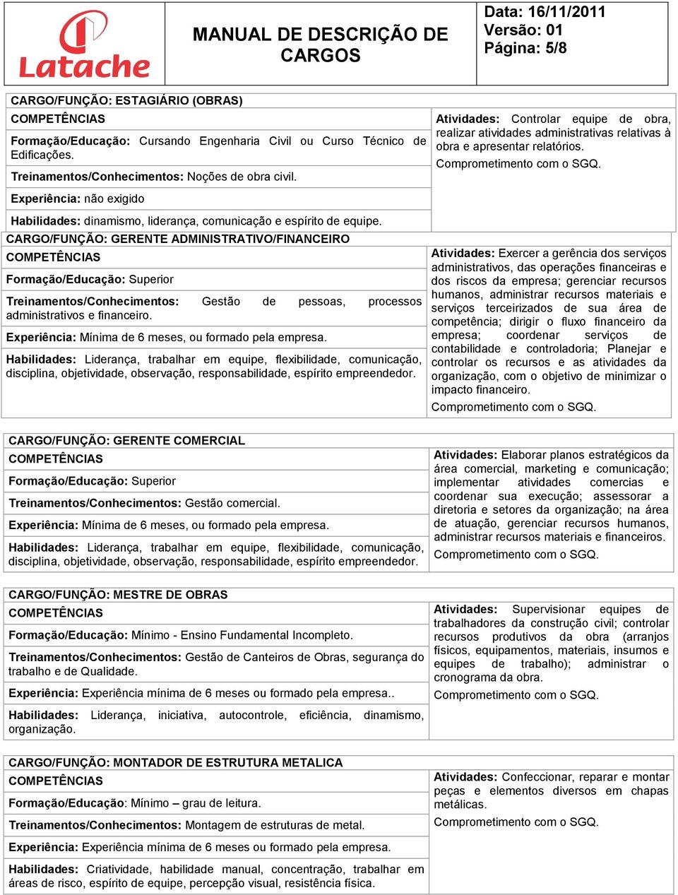 CARGO/FUNÇÃO: GERENTE ADMINISTRATIVO/FINANCEIRO Formação/Educação: Superior Treinamentos/Conhecimentos: Gestão de pessoas, processos administrativos e financeiro.