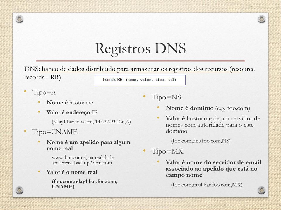 com,relay1.bar.foo.com, CNAME) Tipo=NS Nome é domínio (e.g. foo.com) Valor é hostname de um servidor de nomes com autoridade para o este domínio (foo.