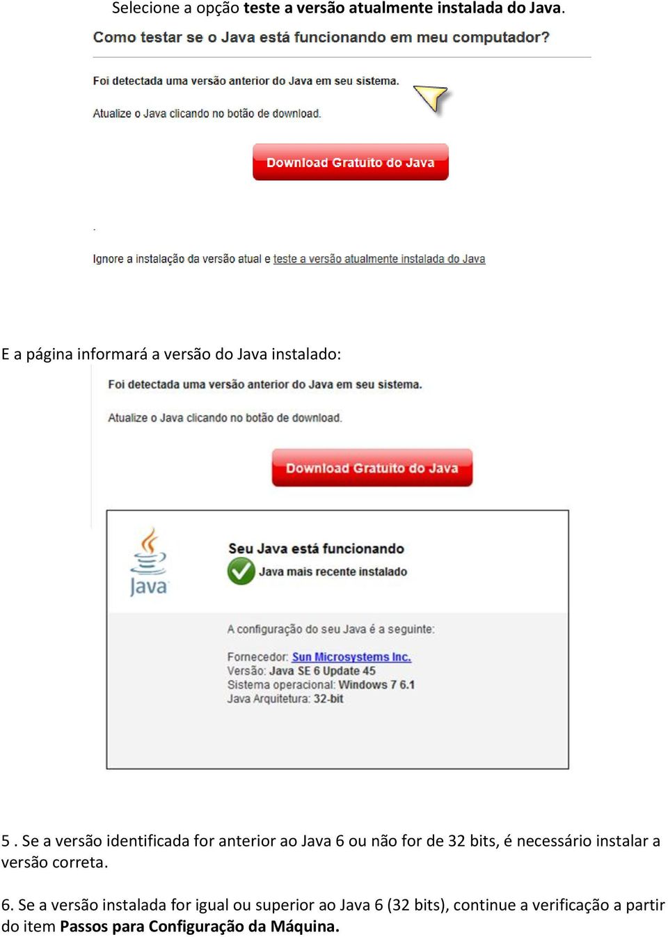 Se a versão identificada for anterior ao Java 6 ou não for de 32 bits, é necessário instalar