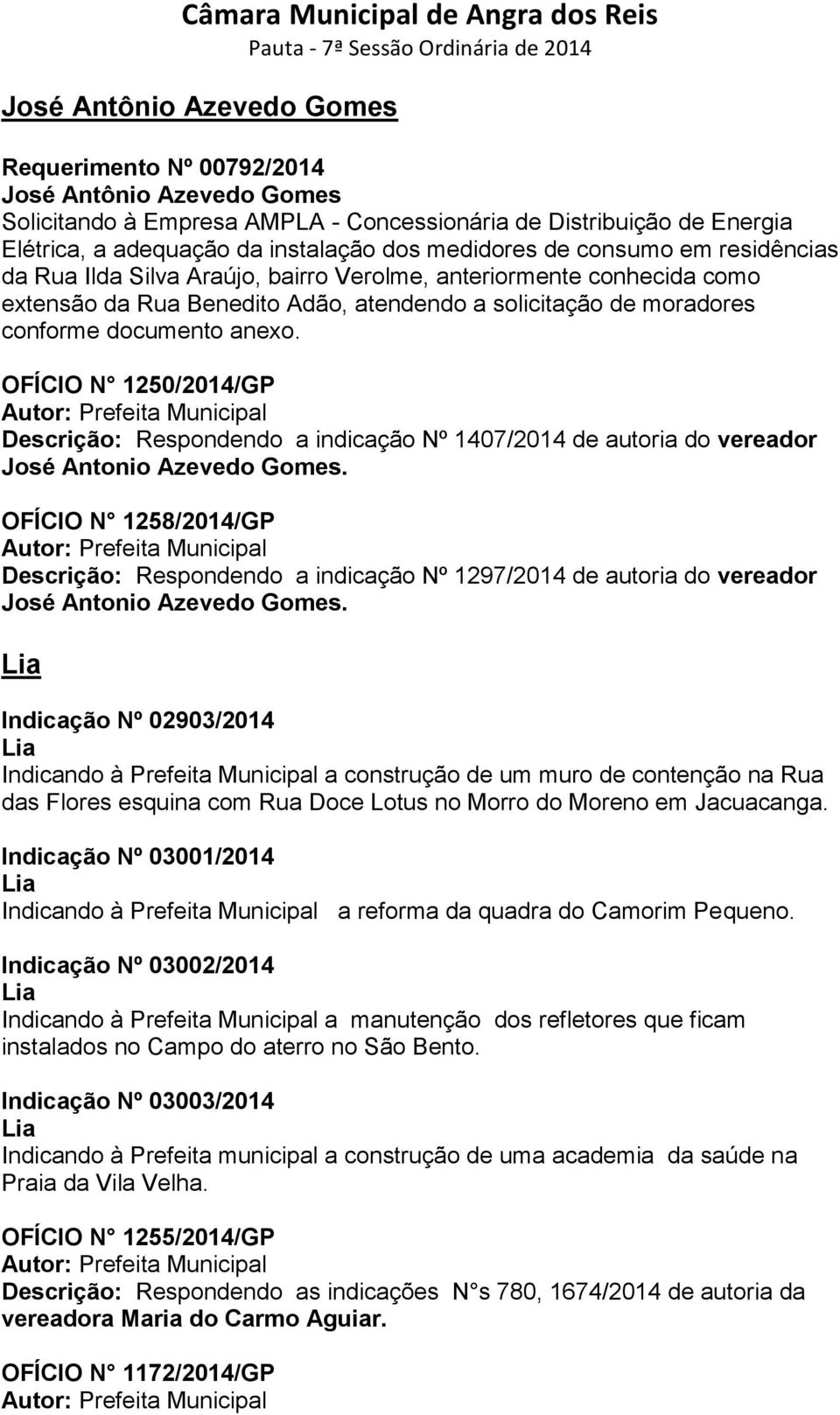 OFÍCIO N 1250/2014/GP Descrição: Respondendo a indicação Nº 1407/2014 de autoria do vereador José Antonio Azevedo Gomes.