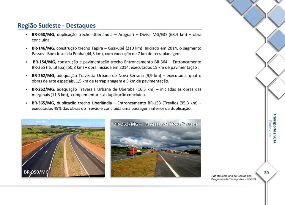 BR-154/MG, construção e pavimentação trecho Entroncamento BR-364 Entroncamento BR-365 (Ituiutaba) (50,8 km) obra iniciada em 2014, executados 15 km de pavimentação.