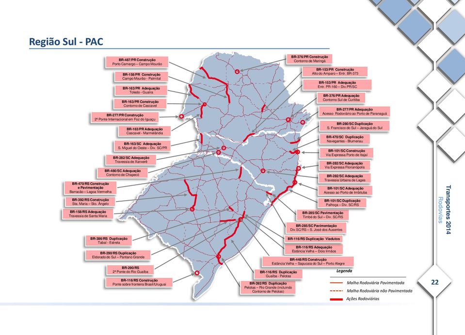 SC/PR BR-480/SC Adequação Contorno de Chapecó BR-386/RS Duplicação Tabaí - Estrela BR-487/PR Construção Porto Camargo Campo Mourão BR-163/PR Construção Contorno de Cascavel BR-277/PR Construção 2ª