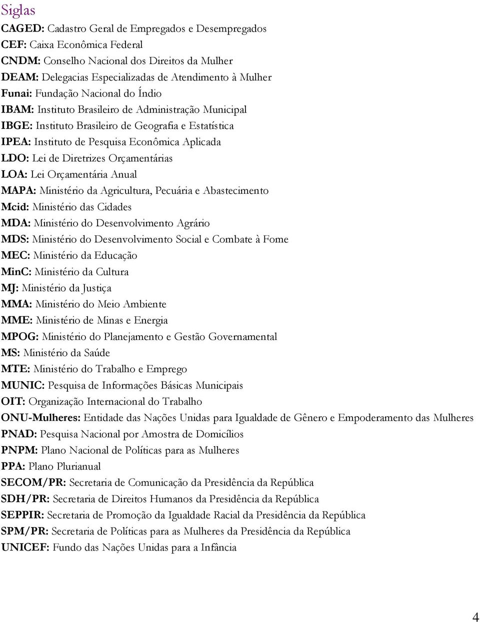 Diretrizes Orçamentárias LOA: Lei Orçamentária Anual MAPA: Ministério da Agricultura, Pecuária e Abastecimento Mcid: Ministério das Cidades MDA: Ministério do Desenvolvimento Agrário MDS: Ministério