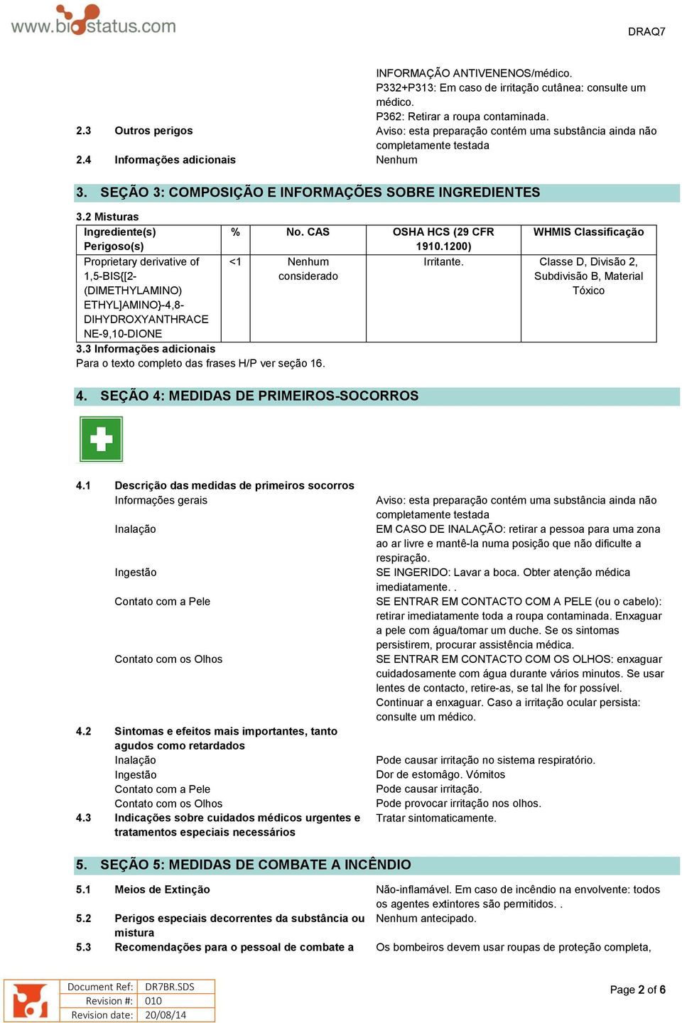 2 Misturas Ingrediente(s) Perigoso(s) Proprietary derivative of 1,5-BIS{[2- (DIMETHYLAMINO) ETHYL]AMINO}-4,8- DIHYDROXYANTHRACE NE-9,10-DIONE 3.