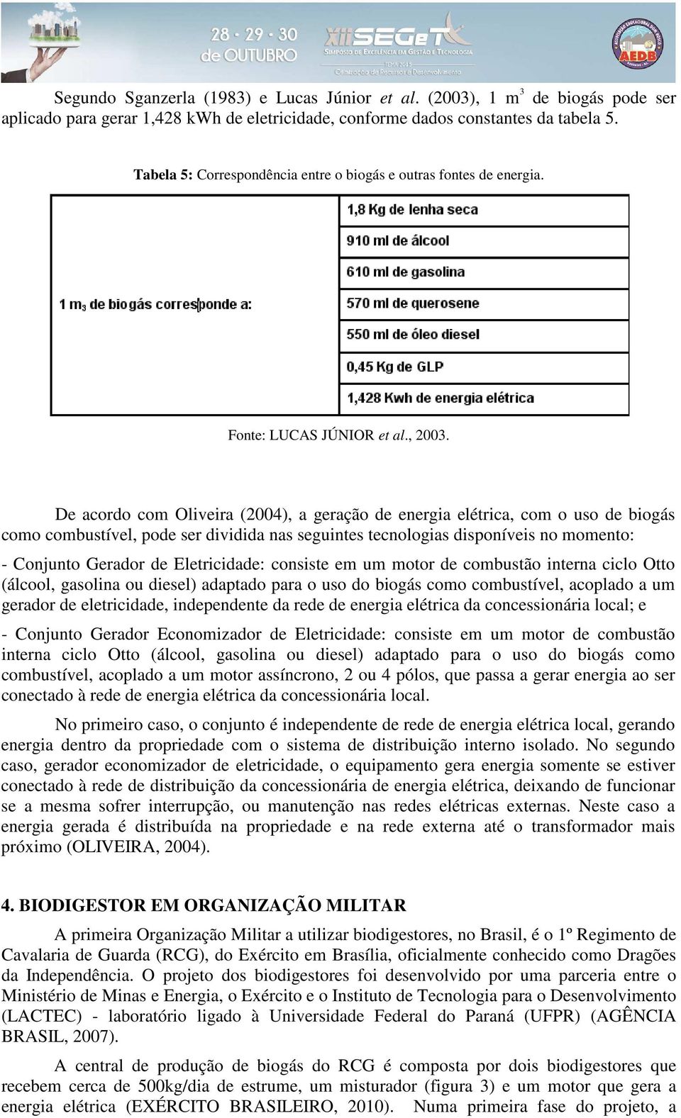 De acordo com Oliveira (2004), a geração de energia elétrica, com o uso de biogás como combustível, pode ser dividida nas seguintes tecnologias disponíveis no momento: - Conjunto Gerador de