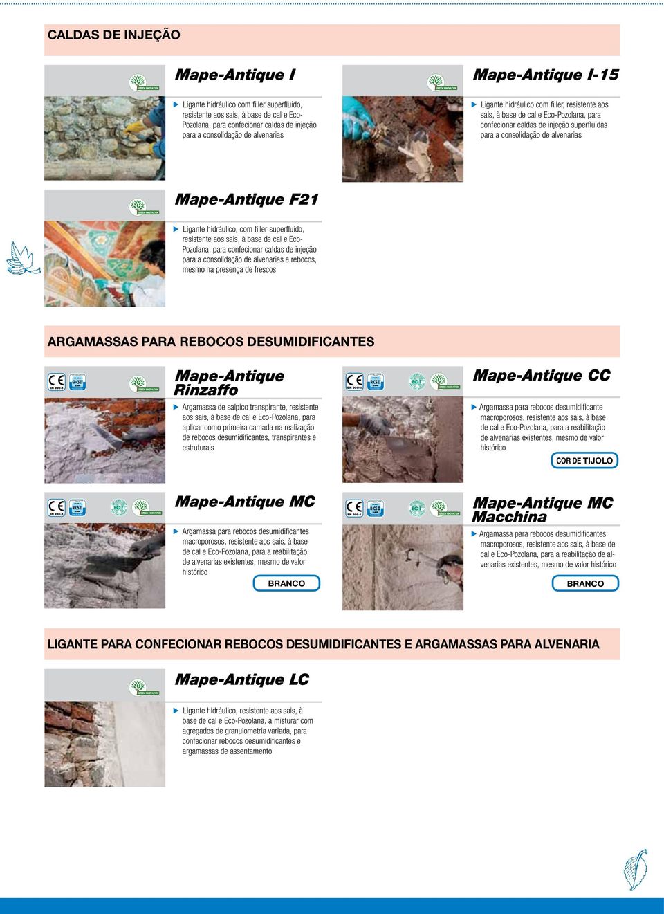 alvenarias Mape-Antique I-15 Ligante hidráulico com filler, resistente aos sais, à base de cal e Eco-Pozolana, para confecionar caldas de injeção superfluidas para a consolidação de alvenarias