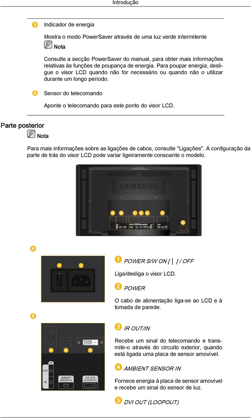 Parte posterior Para mais informações sobre as ligações de cabos, consulte "Ligações". A configuração da parte de trás do visor LCD pode variar ligeiramente consoante o modelo.