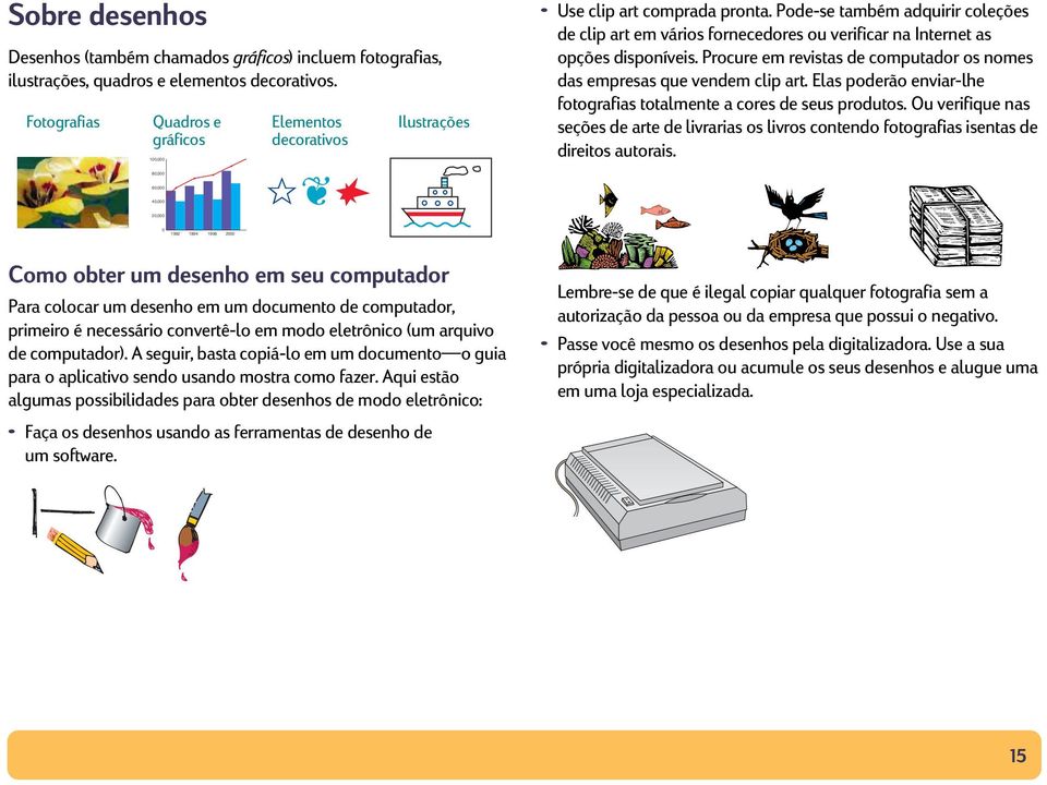 Pode-se também adquirir coleções de clip art em vários fornecedores ou verificar na Internet as opções disponíveis. Procure em revistas de computador os nomes das empresas que vendem clip art.