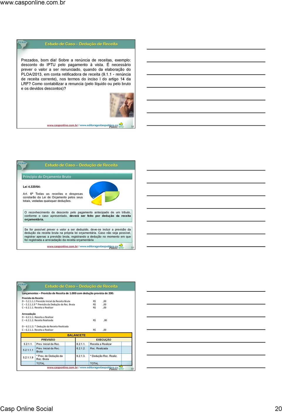 Como contabilizar a renuncia (pelo líquido ou pelo bruto e os devidos descontos)? Fonte: 58 Estudo de Caso Dedução de Receita Princípio do Orçamento Bruto Lei 4.320/64: Art.