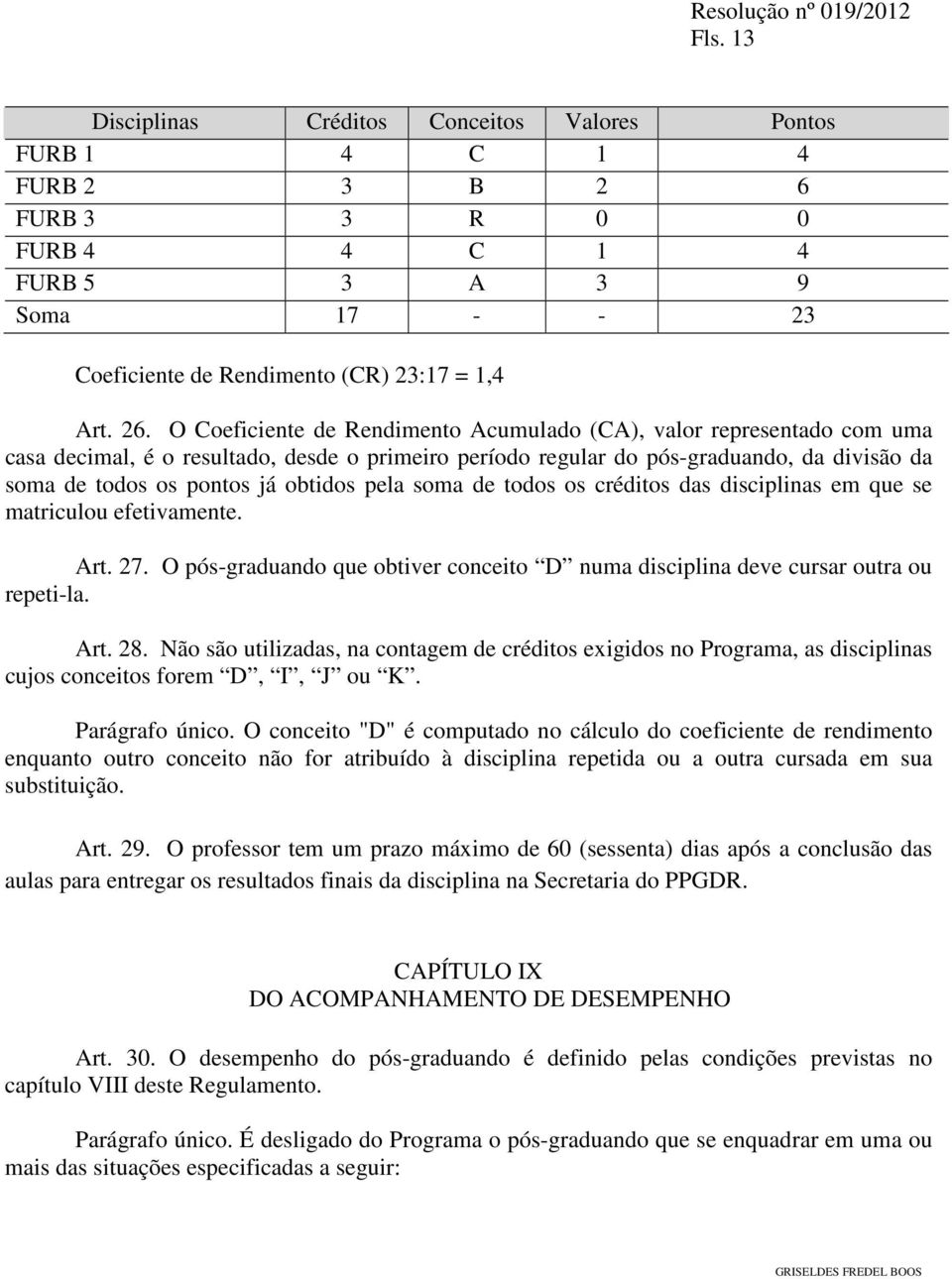 pela soma de todos os créditos das disciplinas em que se matriculou efetivamente. Art. 27. O pós-graduando que obtiver conceito D numa disciplina deve cursar outra ou repeti-la. Art. 28.