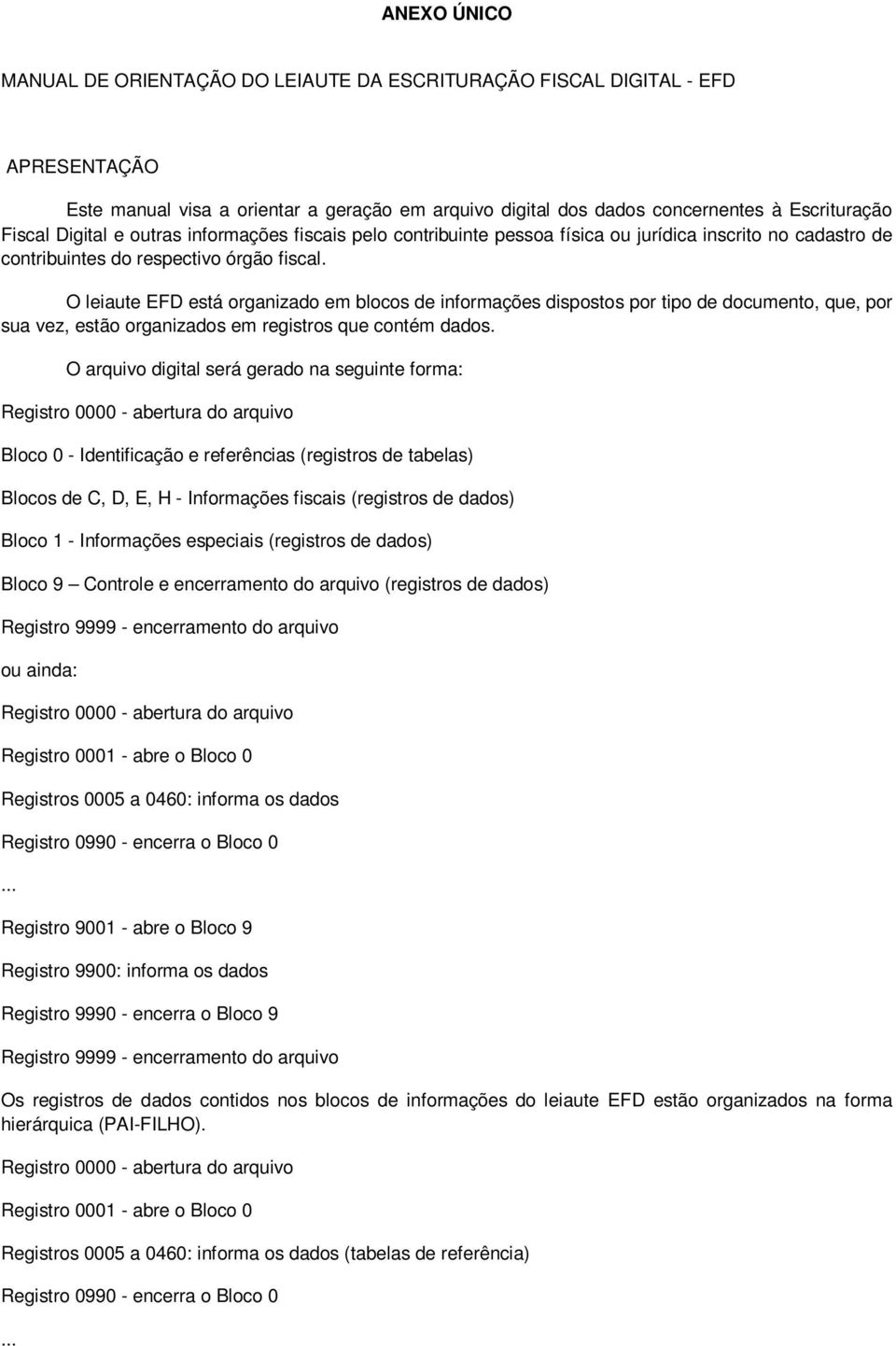 O leiaute EFD está organizado em blocos de informações dispostos por tipo de documento, que, por sua vez, estão organizados em registros que contém dados.