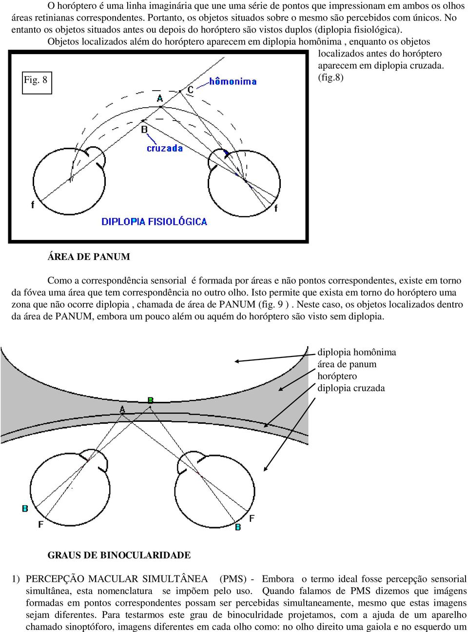 Objetos localizados além do horóptero aparecem em diplopia homônima, enquanto os objetos localizados antes do horóptero aparecem em diplopia cruzada. Fig. 8 (fig.