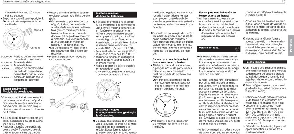 : Coroa A Coroa B Posição de enrolamento da mola do movimento Acerto da data Acerto da hora Posição de enrolamento da mola do despertador, despertador não activado Acerto da hora do toque,