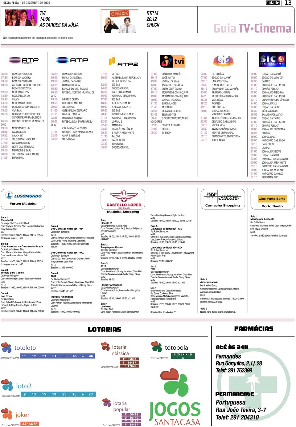 CHUCK 14:00 NOTÍCIAS DA TARDE 14:15 DOSSIER DE IMPRENSA (R/) 15:05 VILA FAIA 16:00 QUANDO OS PORTUGUESES SE TORNARAM BRASILEIROS 16:30 FUTEBOL: SORTEIO MUNDIAL DE 2010 19:00 NOTÍCIAS RTP - M 19:15