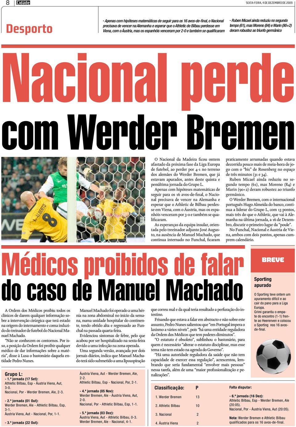 germânico Nacional perde com Werder Bremen O Nacional da Madeira ficou ontem afastado da próxima fase da Liga Europa de futebol, ao perder por 4-1 no terreno dos alemães do Werder Bremen, que já