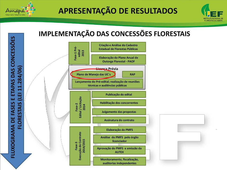 Análise do Cadastro Estadual de Florestas Públicas Elaboração do Plano Anual de Outorga Florestal - PAOF Licença Prévia Plano de Manejo das UC`s RAP Lançamento do Pré-edital;