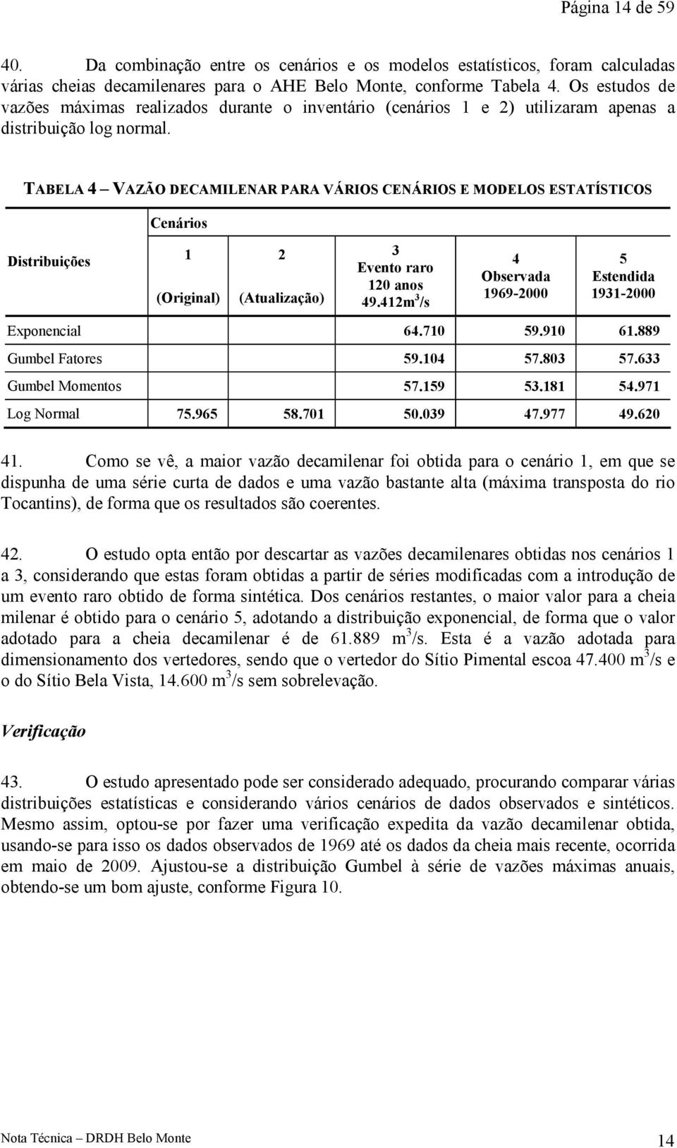 TABELA 4 VAZÃO DECAMILENAR PARA VÁRIOS CENÁRIOS E MODELOS ESTATÍSTICOS Cenários Distribuições 1 (Original) 2 (Atualização) 3 Evento raro 120 anos 49.