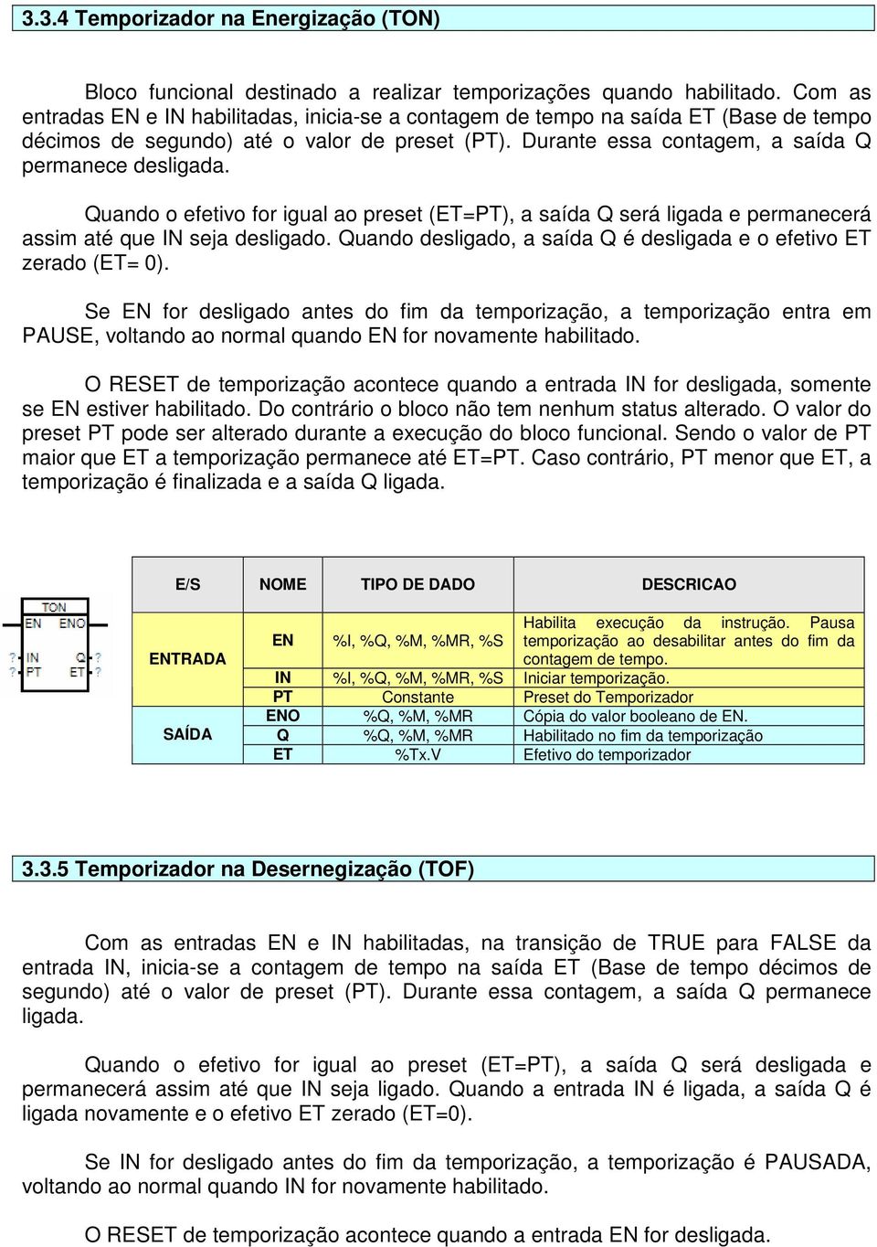 Quando o efetivo for igual ao preset (ET=PT), a saída Q será ligada e permanecerá assim até que IN seja desligado. Quando desligado, a saída Q é desligada e o efetivo ET zerado (ET= 0).