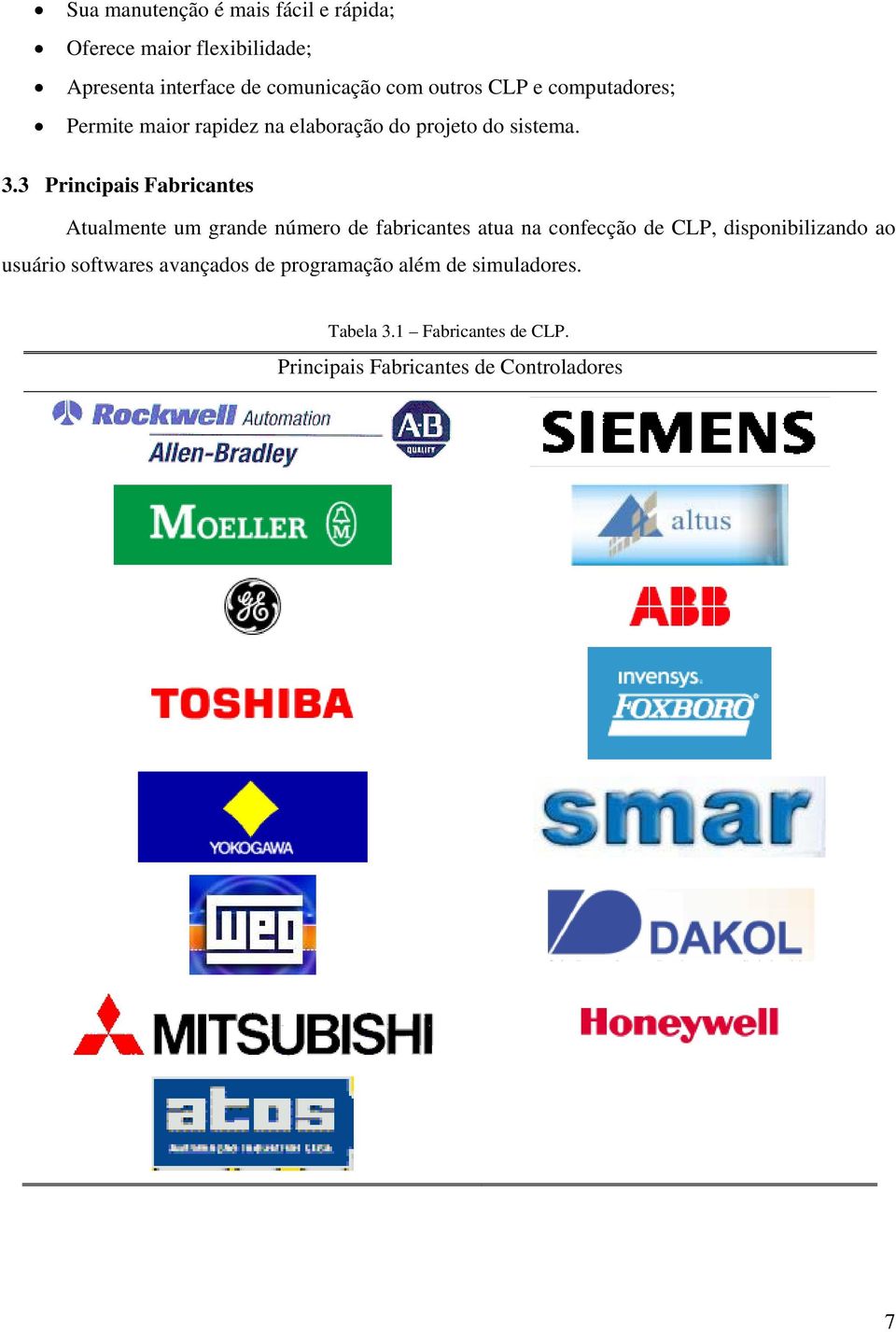 3 Principais Fabricantes Atualmente um grande número de fabricantes atua na confecção de CLP, disponibilizando