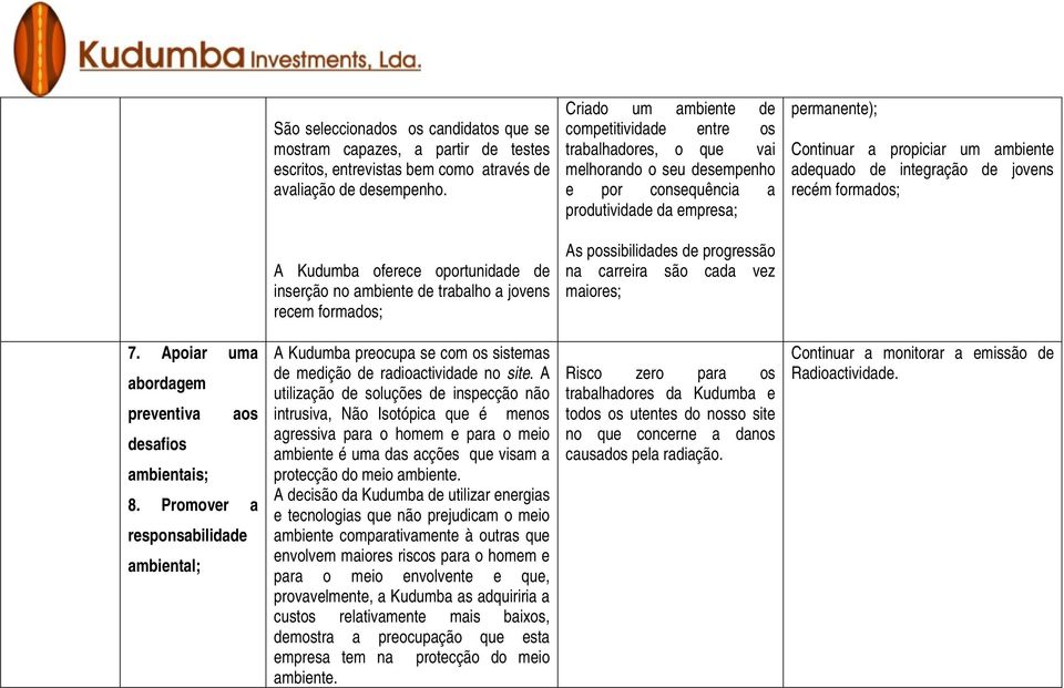 adequado de integração de jovens recém formados; A Kudumba oferece oportunidade de inserção no ambiente de trabalho a jovens recem formados; As possibilidades de progressão na carreira são cada vez