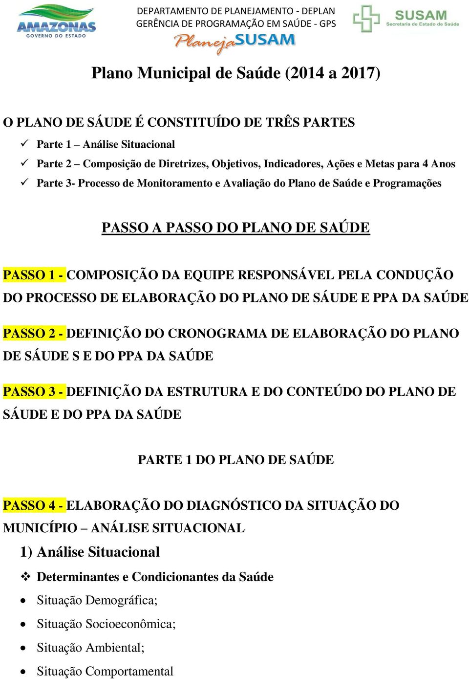 PLANO DE SÁUDE E PPA DA SAÚDE PASSO 2 - DEFINIÇÃO DO CRONOGRAMA DE ELABORAÇÃO DO PLANO DE SÁUDE S E DO PPA DA SAÚDE PASSO 3 - DEFINIÇÃO DA ESTRUTURA E DO CONTEÚDO DO PLANO DE SÁUDE E DO PPA DA SAÚDE