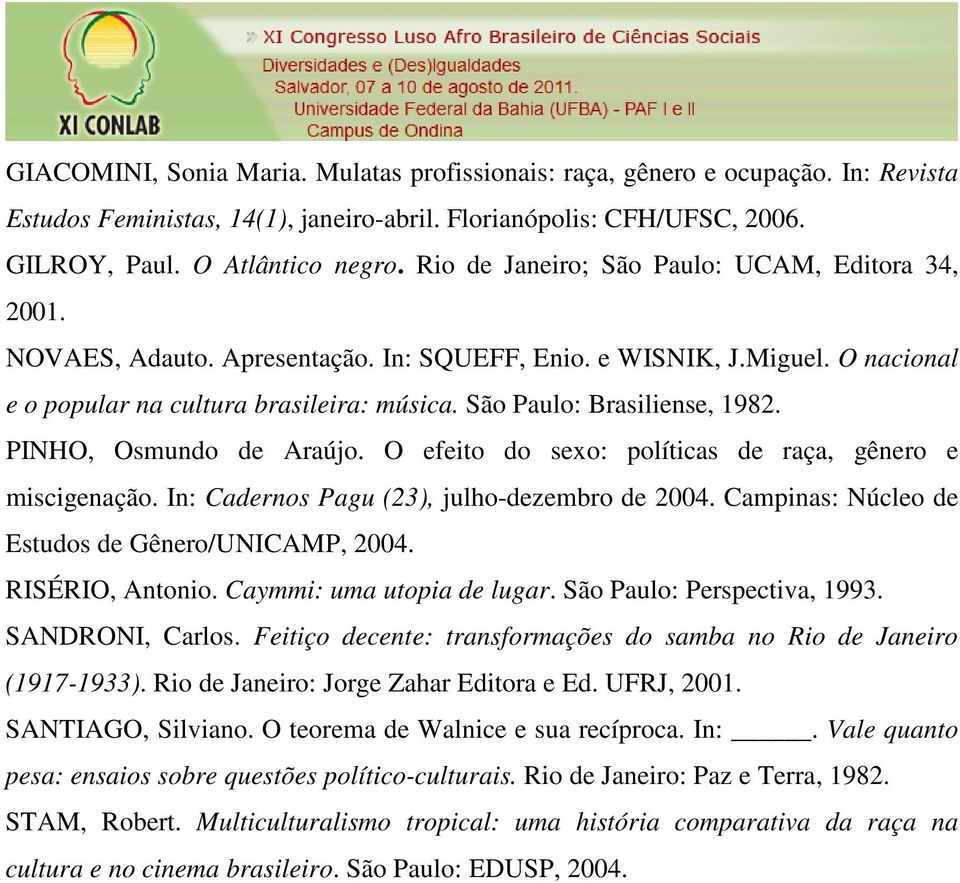 São Paulo: Brasiliense, 1982. PINHO, Osmundo de Araújo. O efeito do sexo: políticas de raça, gênero e miscigenação. In: Cadernos Pagu (23), julho-dezembro de 2004.