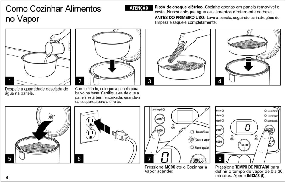 1 2 3 4 Despeje a quantidade desejada de água na panela. Com cuidado, coloque a panela para baixo na base.