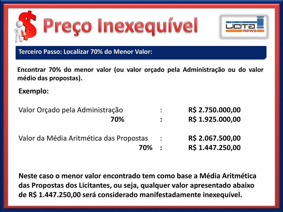 000,00 Valor da Média Aritmética das Propostas : R$ 2.067.500,00 70% : R$ 1.447.