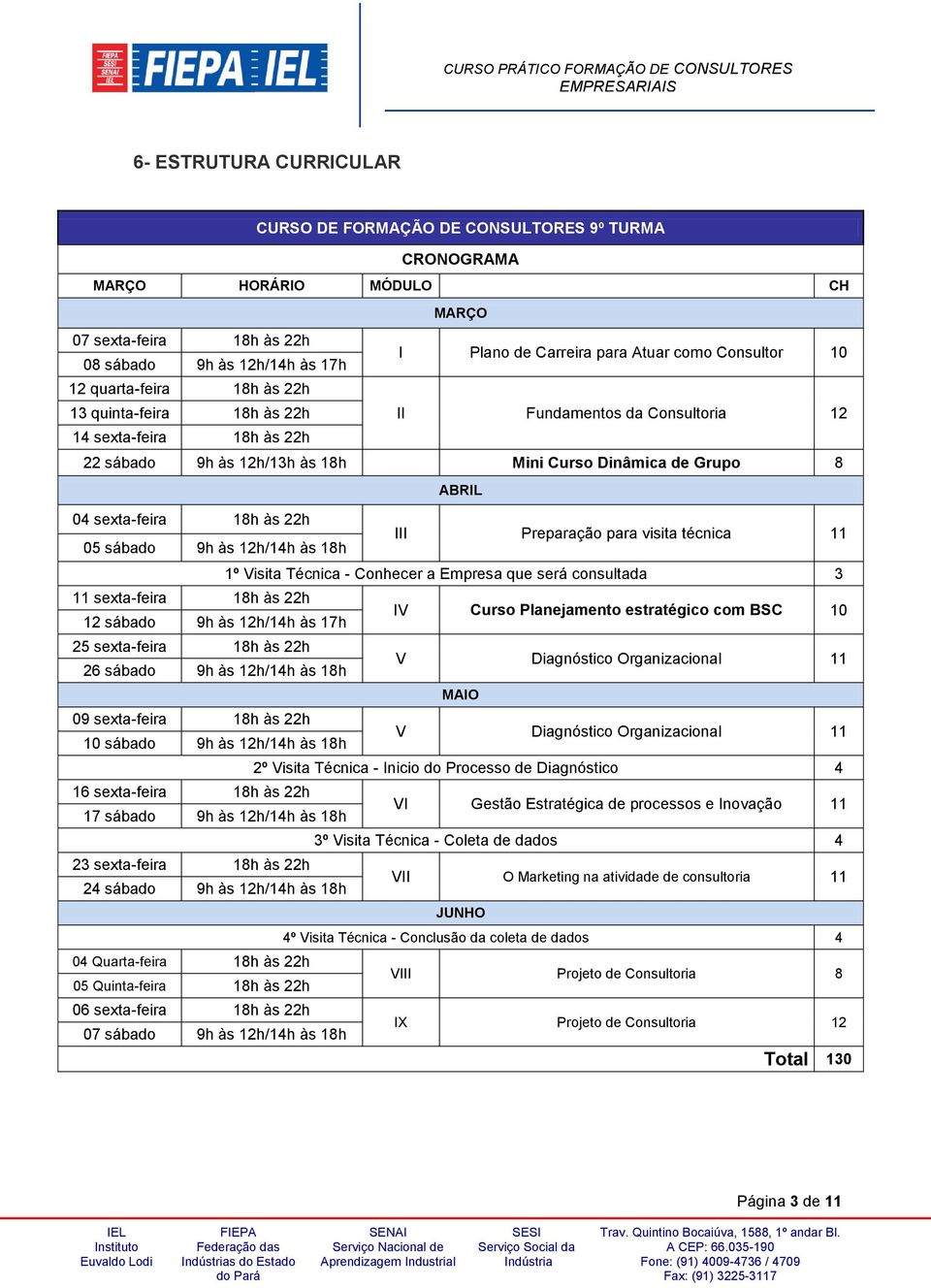 sexta-feira 18h às 22h 05 sábado 9h às 12h/14h às 18h III Preparação para visita técnica 11 1º Visita Técnica - Conhecer a Empresa que será consultada 3 11 sexta-feira 18h às 22h 12 sábado 9h às