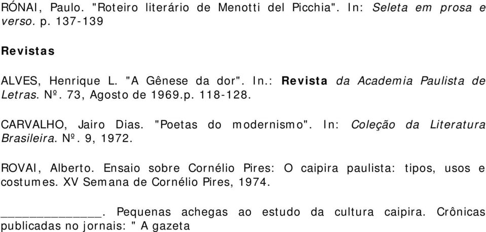 "Poetas do modernismo". In: Coleção da Literatura Brasileira. Nº. 9, 1972. ROVAI, Alberto.