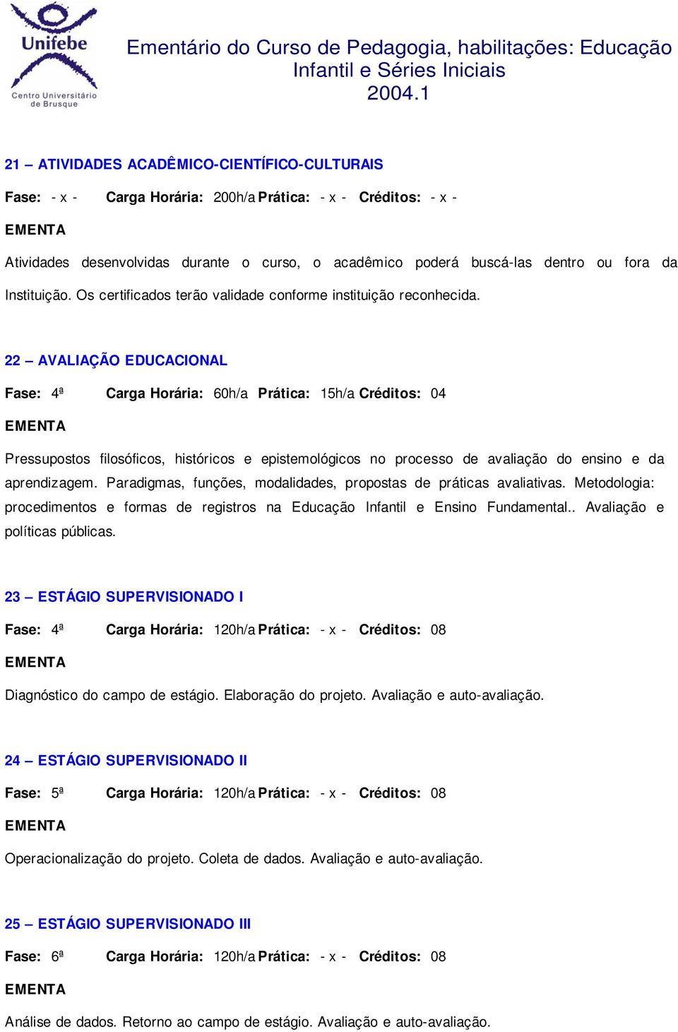 22 AVALIAÇÃO EDUCACIONAL Fase: 4ª Carga Horária: 60h/a Prática: 15h/a Créditos: 04 Pressupostos filosóficos, históricos e epistemológicos no processo de avaliação do ensino e da aprendizagem.