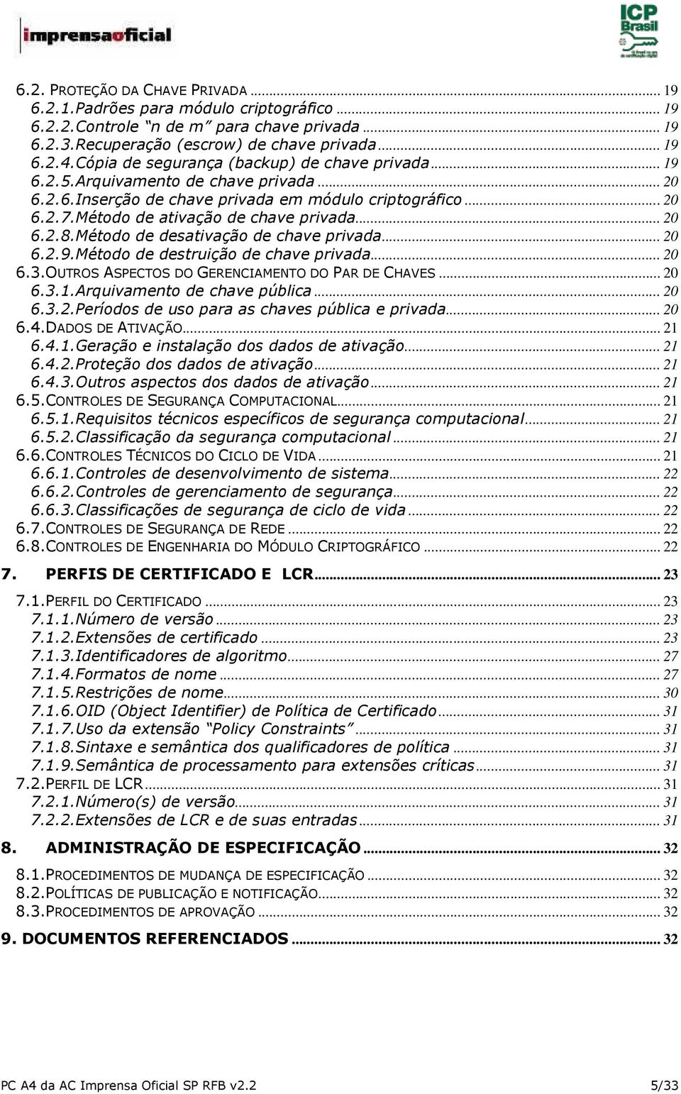 .. 20 6.2.8.Método de desativação de chave privada... 20 6.2.9.Método de destruição de chave privada... 20 6.3.OUTROS ASPECTOS DO GERENCIAMENTO DO PAR DE CHAVES... 20 6.3.1.