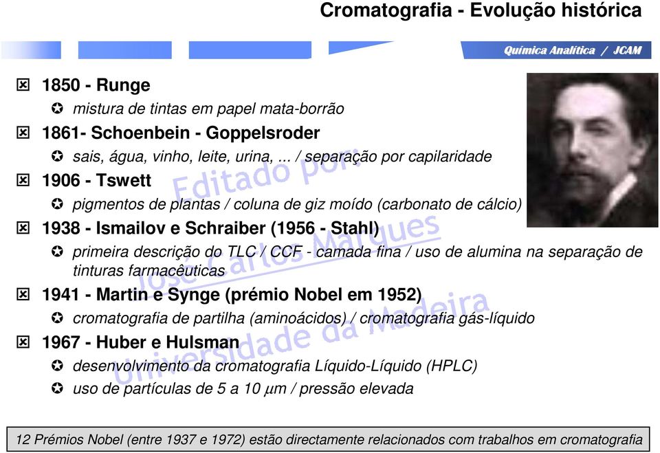 - camada fina / uso de alumina na separação de tinturas farmacêuticas 1941 - Martin e Synge (prémio Nobel em 1952) cromatografia de partilha (aminoácidos) / cromatografia gás-líquido