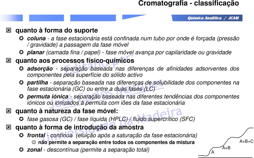 sólido activo partilha - separação baseada nas diferenças de solubilidade dos componentes na fase estacionária (GC) ou entre a duas fases (LC) permuta iónica - separação baseada nas diferentes