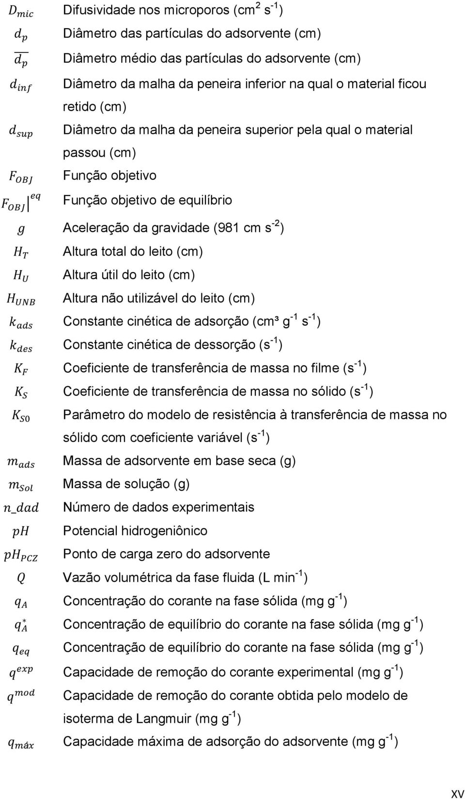 Altura útil do leito (cm) Altura não utilizável do leito (cm) Constante cinética de adsorção (cm³ g -1 s -1 ) Constante cinética de dessorção (s -1 ) Coeficiente de transferência de massa no filme (s