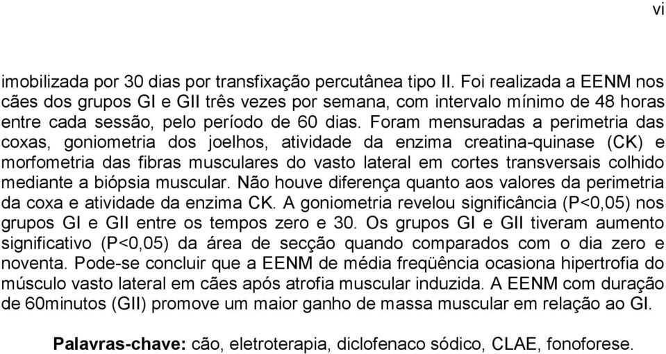 Foram mensuradas a perimetria das coxas, goniometria dos joelhos, atividade da enzima creatina-quinase (CK) e morfometria das fibras musculares do vasto lateral em cortes transversais colhido