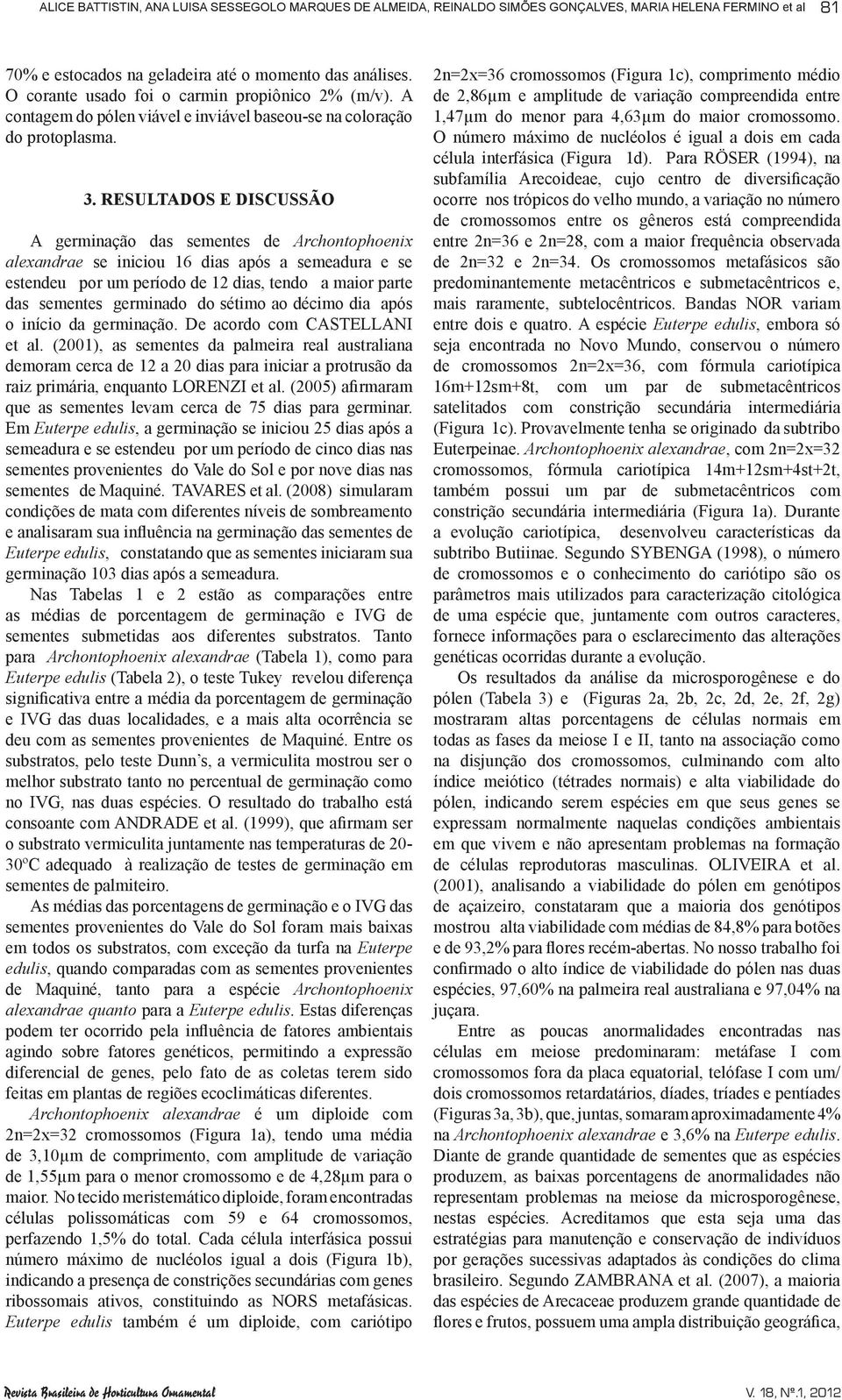 RESULTADOS E DISCUSSÃO A germinação das sementes de Archontophoenix alexandrae se iniciou 16 dias após a semeadura e se estendeu por um período de 12 dias, tendo a maior parte das sementes germinado