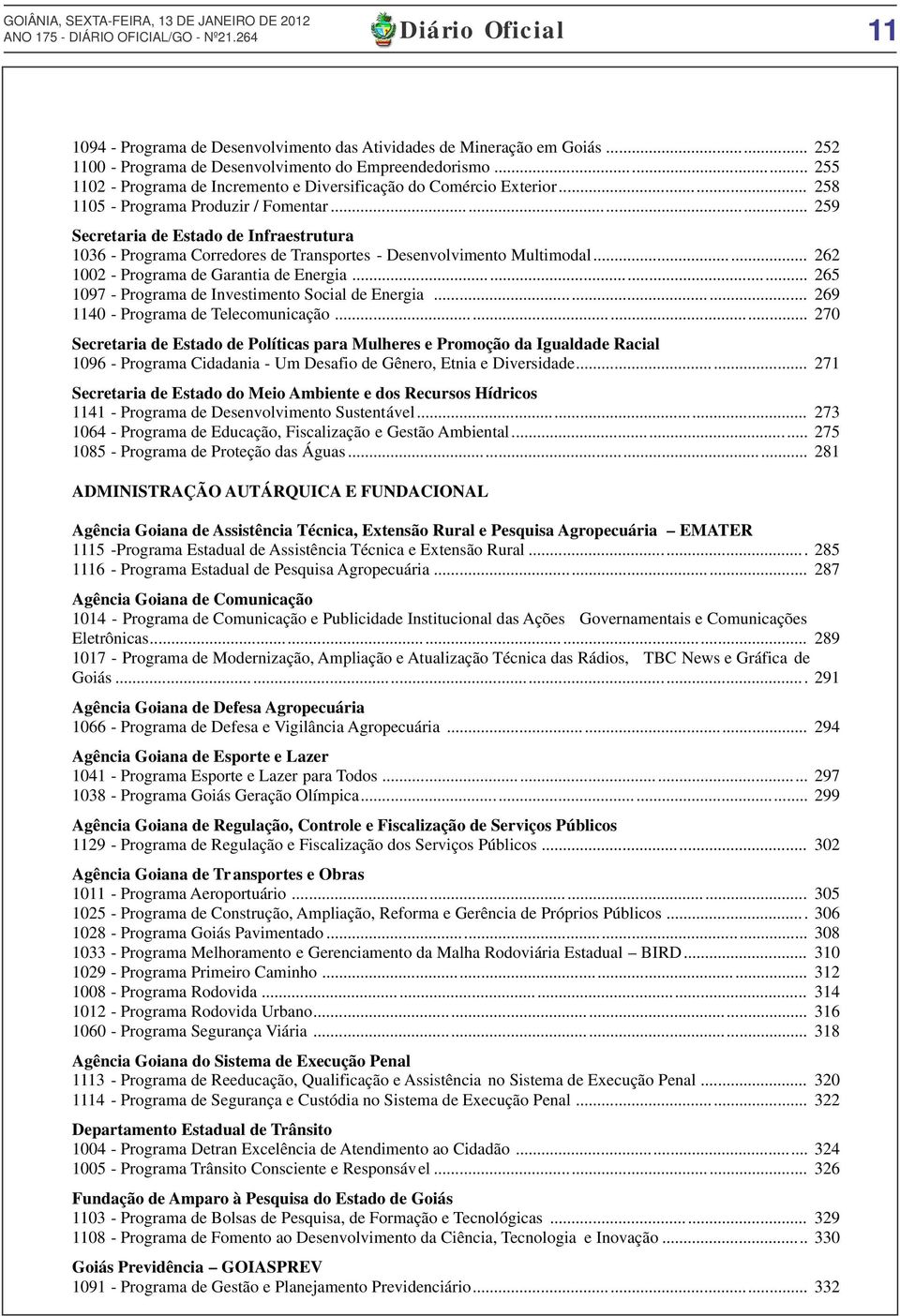 .. 259 Secretaria de Estado de Infraestrutura 1036 - Programa Corredores de Transportes - Desenvolvimento Multimodal... 262 1002 - Programa de Garantia de Energia.