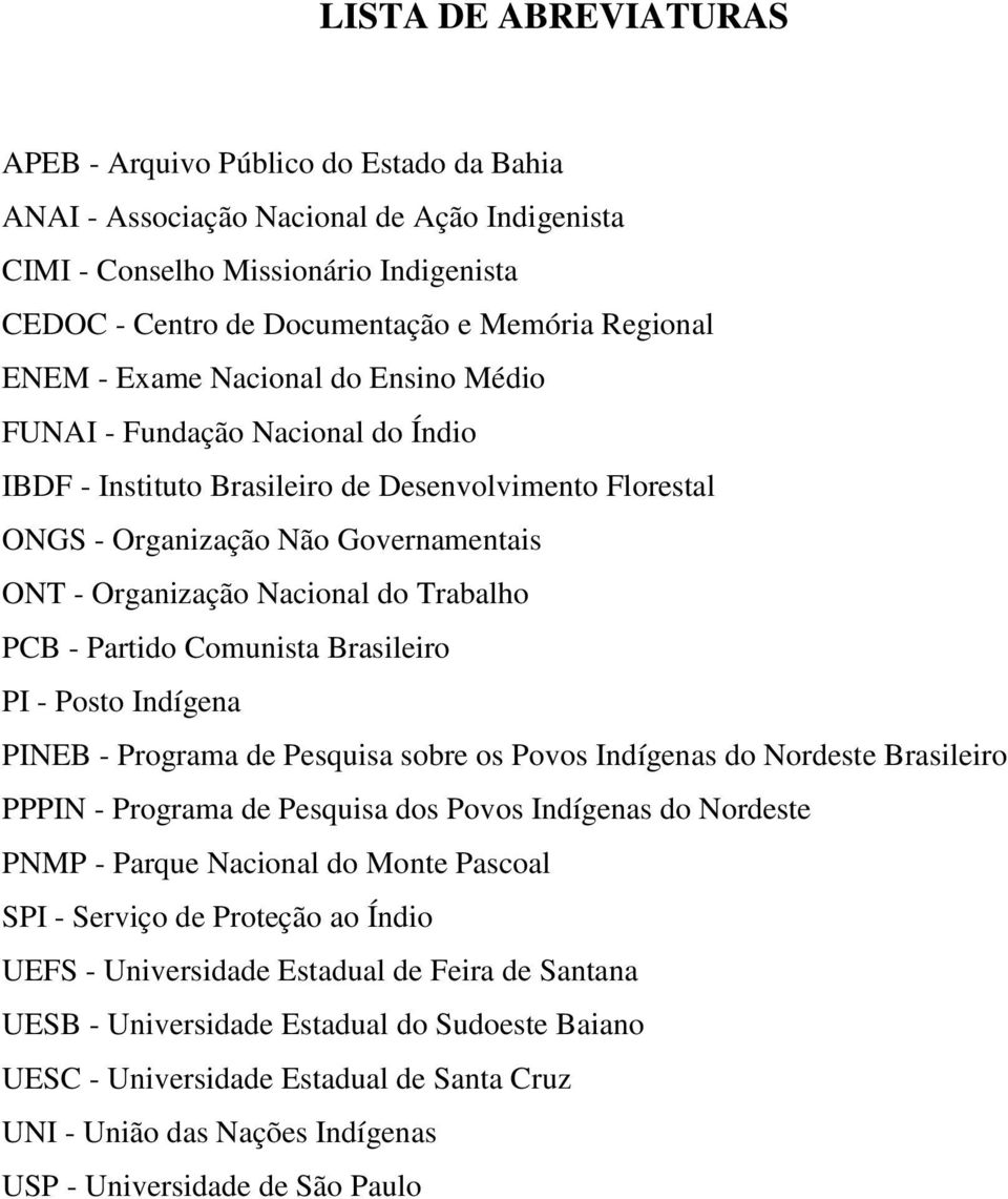 Nacional do Trabalho PCB - Partido Comunista Brasileiro PI - Posto Indígena PINEB - Programa de Pesquisa sobre os Povos Indígenas do Nordeste Brasileiro PPPIN - Programa de Pesquisa dos Povos