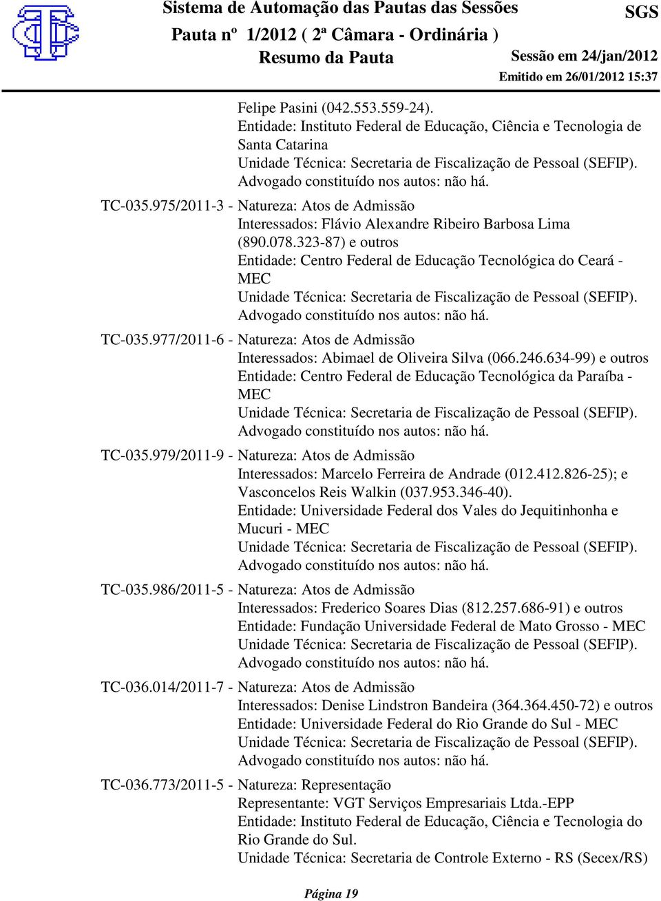 977/2011-6 - Natureza: Atos de Admissão Interessados: Abimael de Oliveira Silva (066.246.634-99) e outros Entidade: Centro Federal de Educação Tecnológica da Paraíba - MEC TC-035.