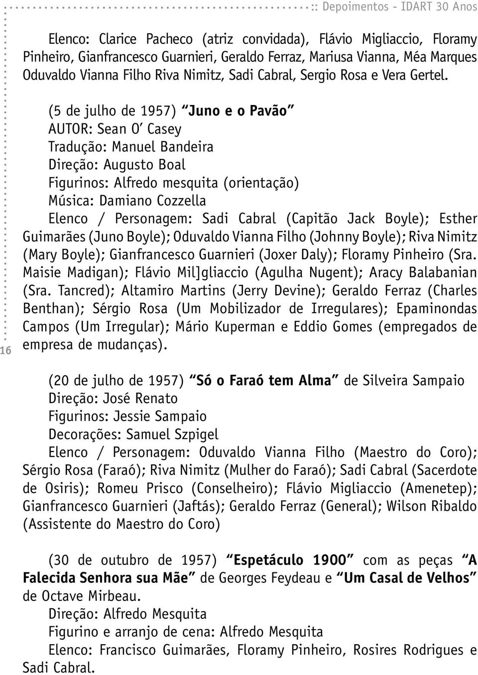 16 (5 de julho de 1957) Juno e o Pavão AUTOR: Sean O Casey Tradução: Manuel Bandeira Direção: Augusto Boal Figurinos: Alfredo mesquita (orientação) Música: Damiano Cozzella Elenco / Personagem: Sadi