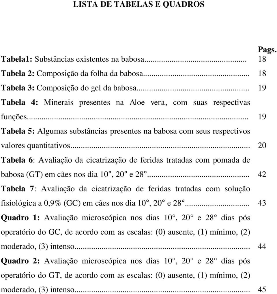 .. 20 Tabela 6: Avaliação da cicatrização de feridas tratadas com pomada de babosa (GT) em cães nos dia 10, 20 e 28.