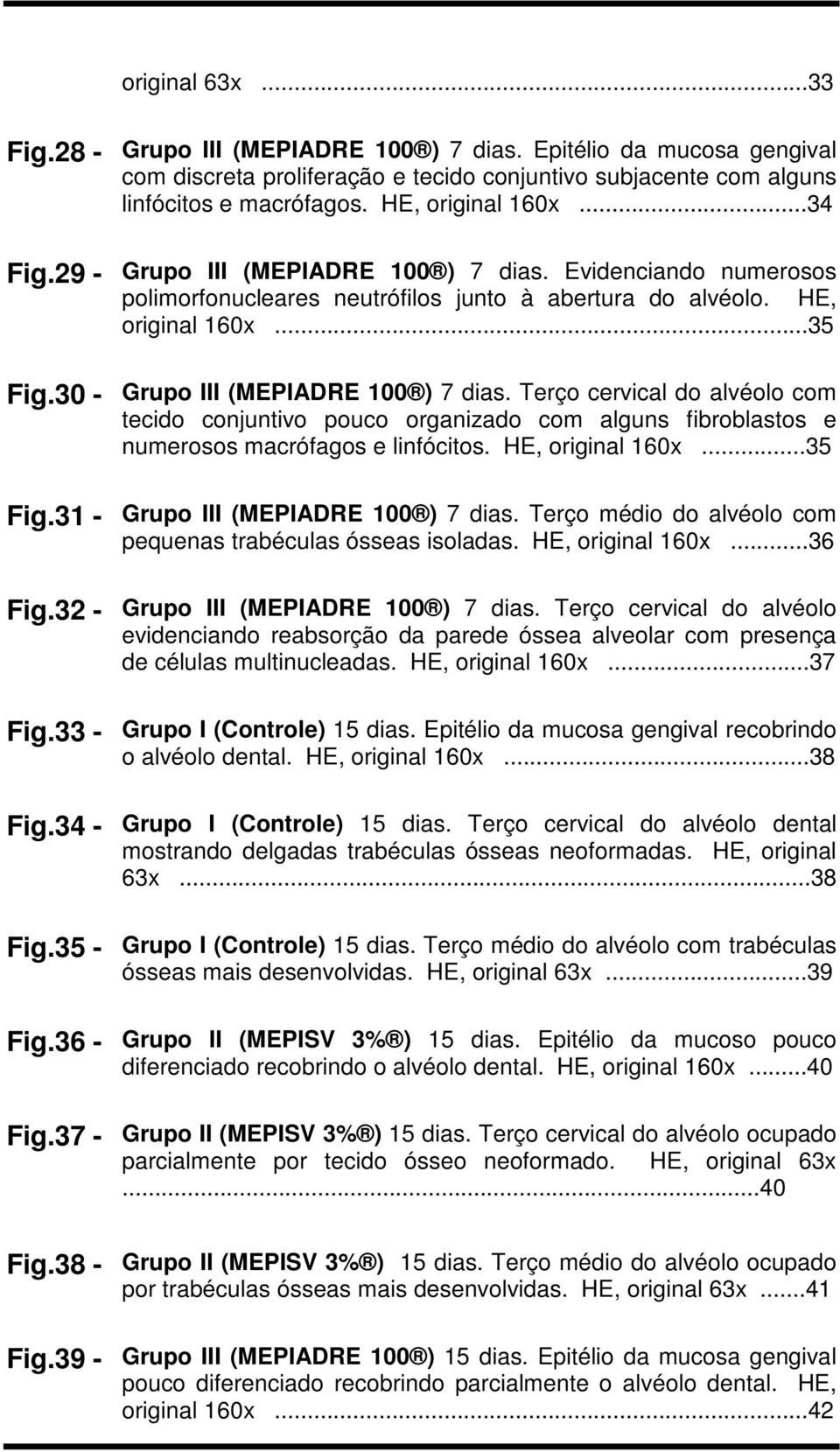 Terço cervical do alvéolo com tecido conjuntivo pouco organizado com alguns fibroblastos e numerosos macrófagos e linfócitos. HE, original 160x...35 Fig.31 - Grupo III (MEPIADRE 100 ) 7 dias.