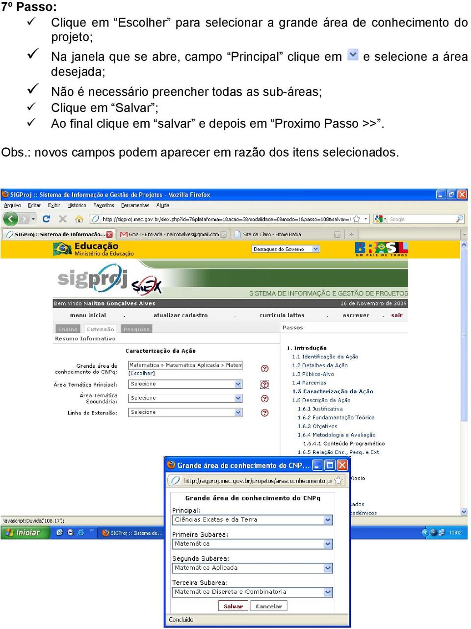 todas as sub-áreas; Clique em Salvar ; Ao final clique em salvar e depois em Proximo