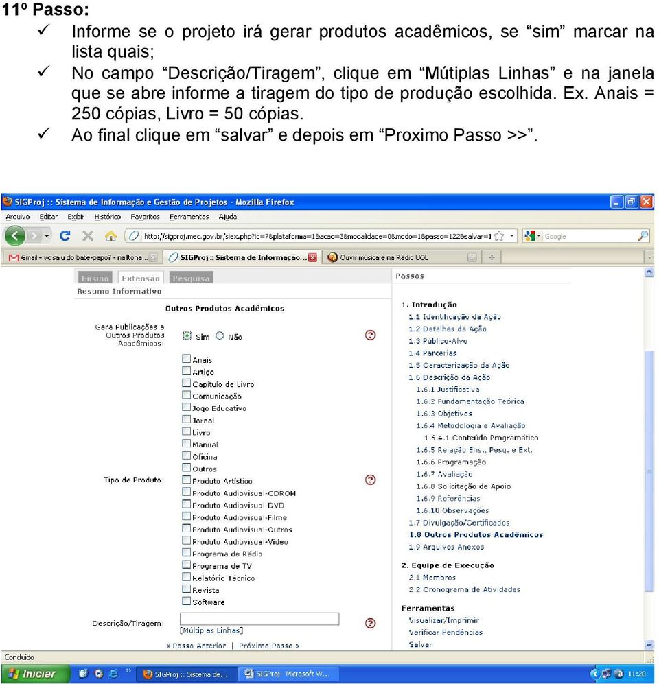 que se abre informe a tiragem do tipo de produção escolhida. Ex.